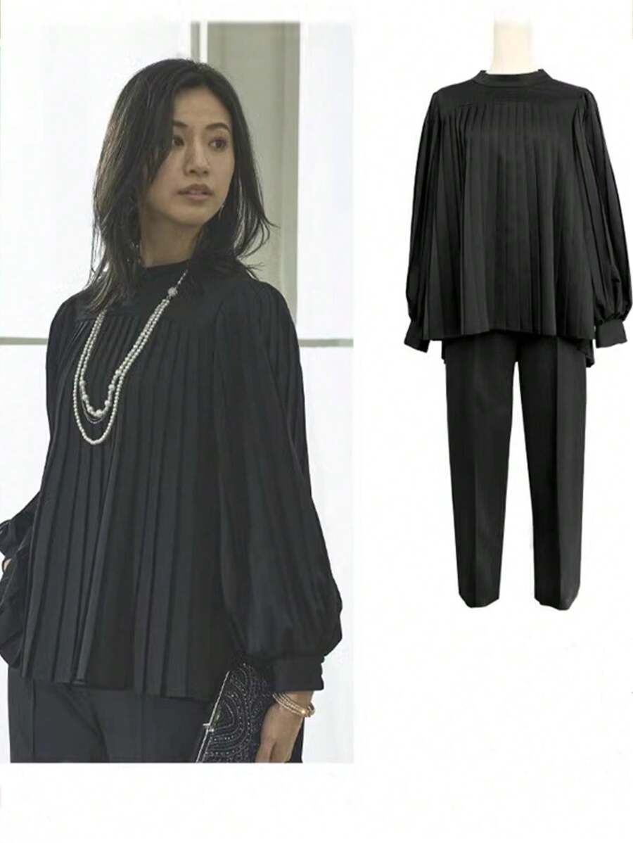 FRIFUL Women Solid Color Stand Collar Puff Sleeve Pleated Shirt & Pants 2Pcs Set Lounge Sets For Women - Black - View 1