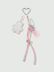 ROMWE Kawaii 1pc Cute & Adorned Pink Mini Comb With Bear Design, Glass Mirror, Pink Leather Cord, DIY Heart Shaped Keychain, Suitable For Girls & Women As Everyday Accessory Or Gift - Pink - View 4