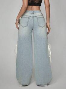 SHEIN PETITE Women's Solid Color Patchwork Front Button Pocket Casual Jeans