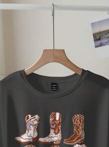 Attitoon Camiseta holgada de mujer con cuello redondo y estampado minimalista de botas, adecuada para el verano
