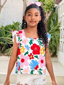 SHEIN Leap Crew 青少年女孩度假休闲时尚碎花圆领盖袖衬衫