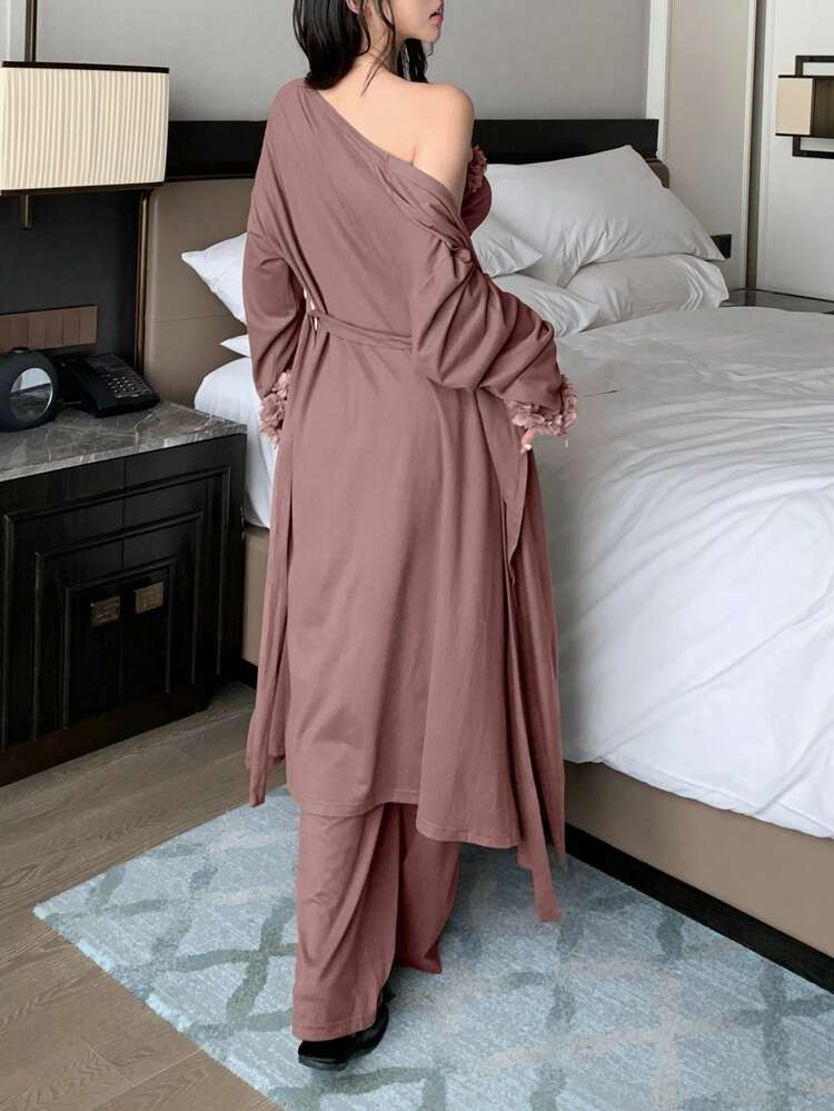 3-Pieces Set: Romantic 3D Floral Trim Loose Robe, Asymmetrical Hem Bustier Top And Wide Leg Pants Home Cozy Outfit, Fall Winter Lounge Clothes