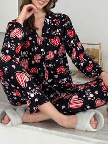 RueChic 2pcs Suede Button Front With Contrast Colour Slogan&Heart Printed Homewear Set - Black - View 1