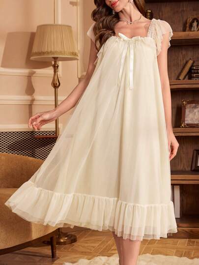 PalaceNights Romantic Ruffle Bow Square Neck Mesh Strap Nightgown Babydoll Luxe Loungewear, Moo