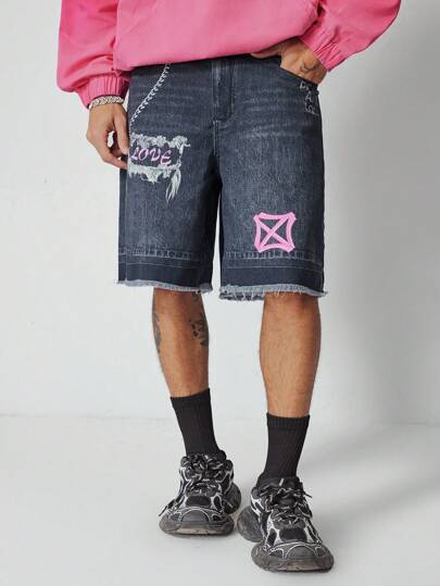 Street Life Men's Street Simple Frayed Pocket Casual Denim Shorts, For Everyday Wear