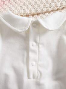 新生女婴春夏针织圆领长袖天鹅图案带蝴蝶结手套和头带和连脚连体衣套装 - 白色 - 查看 4