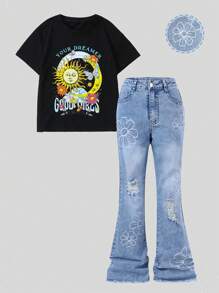 SHEIN Conjunto casual urbano de 2 piezas para niñas preadolescentes: Camiseta negra de manga corta y hombros caídos con estampado de girasol y jeans acampanados con estampado floral rasgado - Negro - Ver 1