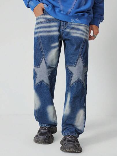 Street Life Jeans en denim vintage délavé et patchwork d'étoiles, style décontracté pour hommes