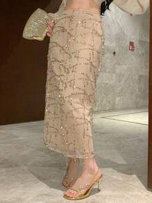 DAZY 女士优雅通勤亮片流苏装饰直筒裙，适合舞会、新年、嘉年华等场合 - 杏色 - 查看 8