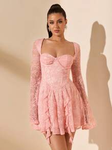 SHEIN BAE Letnia sukienka na wakacje, różowa, koronkowa, gorsetowa, na imprezę nad morzem, na urodziny, na wakacje, elegancka sukienka z długim rękawem, letnie stroje dla kobiet/ubrania wiosenne/strój walentynkowy/karnawał/strój na wakacje na plaży, stroje Nashville