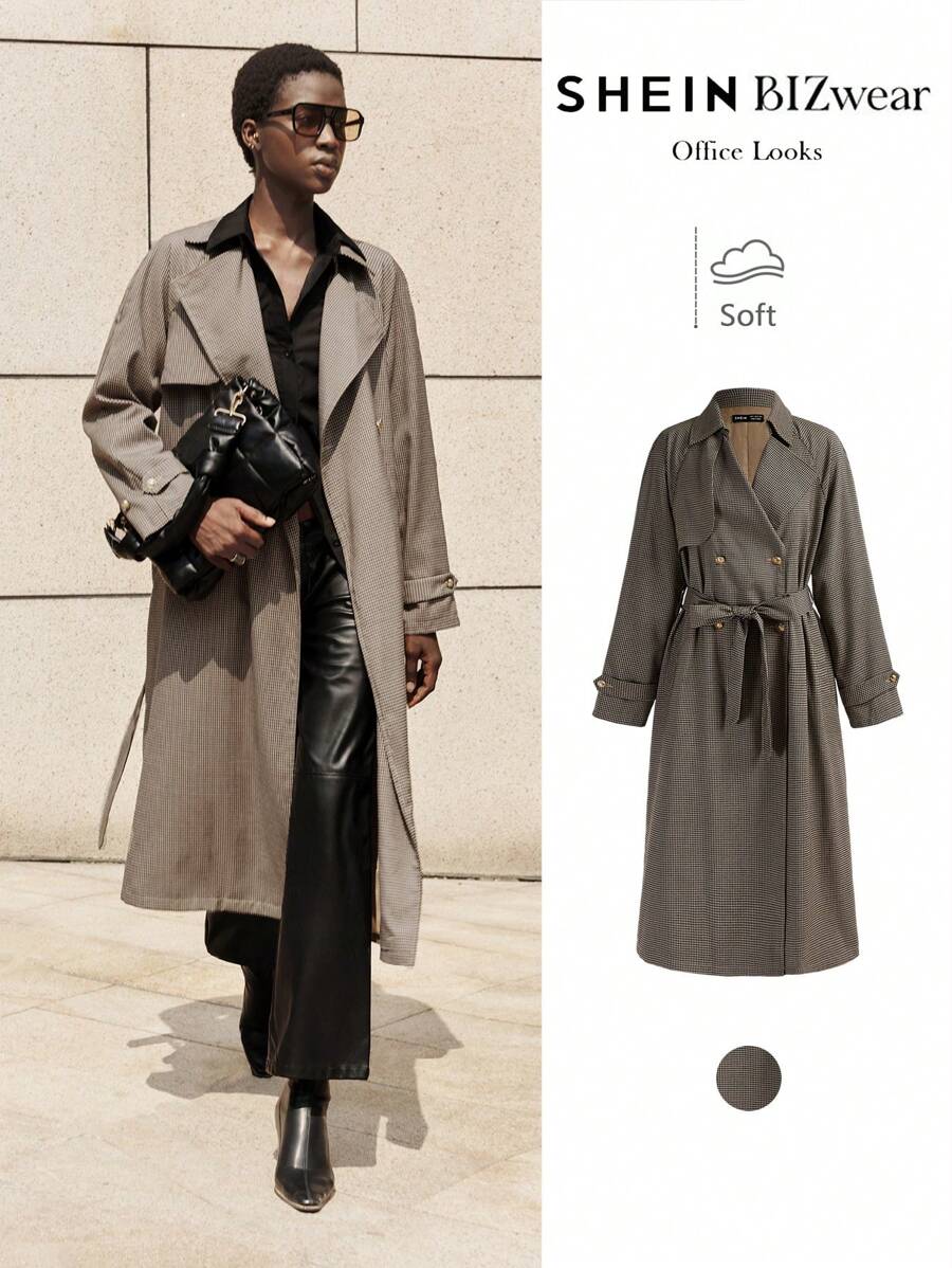 BizChic Women's Elegant Commuting Retro Plaid Trench Coat, & Christmas - Khaki - View 1