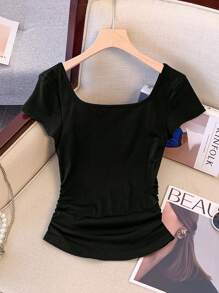 SHEIN Unity 女士纯色 3D 花卉连衣裙，简约时尚休闲日常穿着 - 黑色 - 查看 2