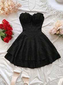 Soleia Váy mini hở vai không đối xứng có áo ngực cho nữ, màu đen, thích hợp cho tiệc Giáng sinh, hẹn hò - màu đen - Xem 4