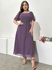 Modelyn Burgundy Red Plus Size Ladies' Solid Color Square Neck High Slit Fashion Purple Dress, For Christmas Maxi Women Outfit - Purple - View 5