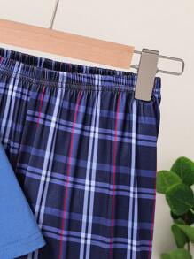 2 件套男童格子北极熊印花短袖 T 恤和裤子睡衣，时尚舒适