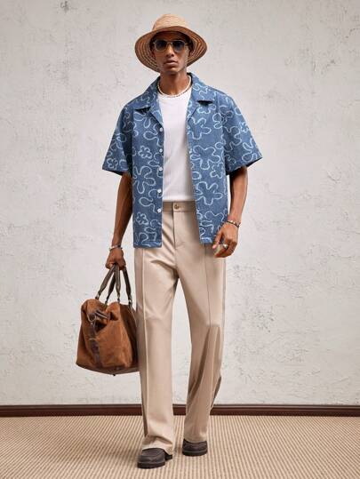 AKNOTIC Business Casual 男士宽松花卉印花编织休闲上衣，适合日常穿着和度假，适合春夏季