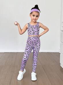 SHEIN Conjunto deportivo de top sin mangas y leggings de punto con estampado de leopardo para niñas jóvenes, de unicolor de punto, ropa de práctica elástica para niños.