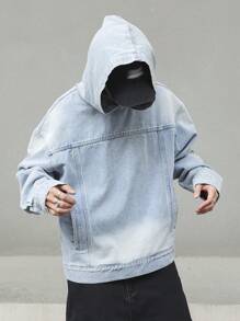Manfinity EMRG Men's Light Blue Washed Denim Casual Loose Drop Shoulder Pullover Sweatshirt - Light Wash - View 3