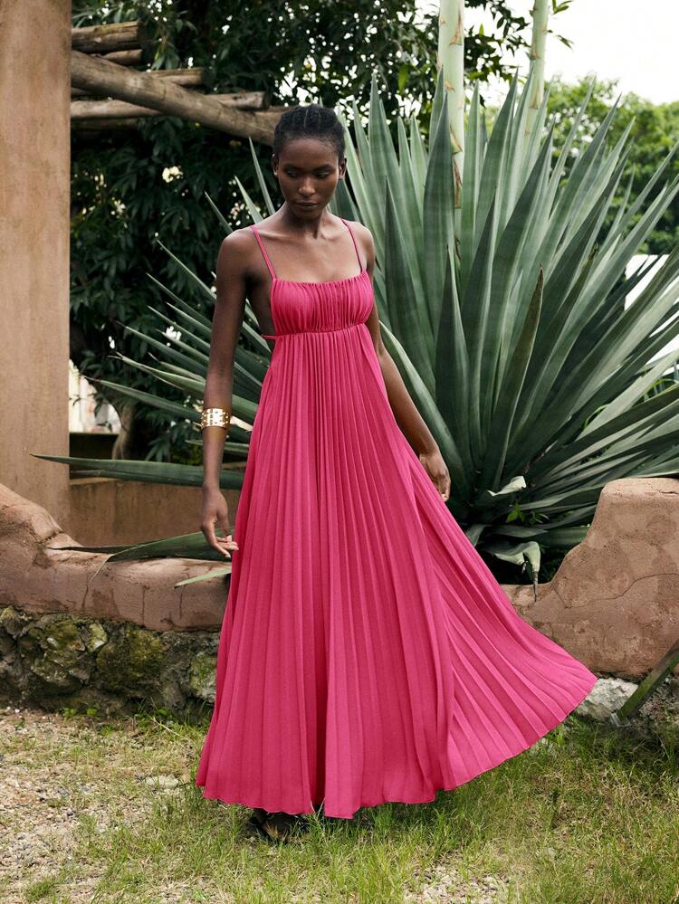 SHEIN Maija Women's Raspberry Color Summer Vacation Outfit Modern Bohemian Solid Color Women's Beach Wear Minimalist Spaghetti Strap Pleated Sleeveless Tropical Holiday Dress, Elegant Women's Vacation Dress  St Patrick's Day Women Easter Summer Outfits Easter Dress Women Party Top Beach Dress Summer Holiday Outfits Each Vacation Outfits For Women  Summer Outfit For Women Going Out Outfits Graduation Graduation Outfit  Casual Dresses  Casual Blouses For Women