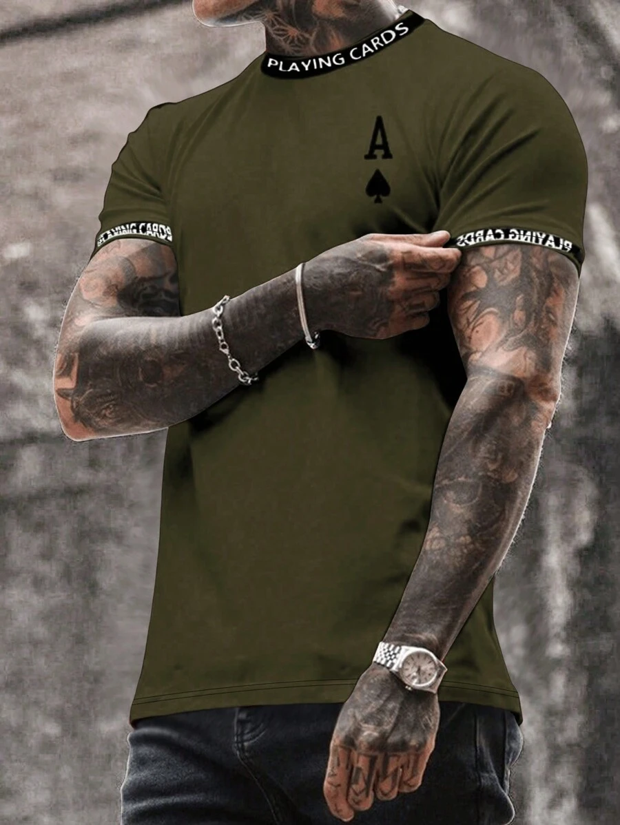 Manfinity Homme Men's Crew Neck Short Sleeve Letter Print Casual T-Shirt, Daily Wear - Army Green - View 1