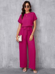 SHEIN Clasi Women's Elegant Round Neck Pink Jumpsuit With Self-Tie Belt And Wide Leg Design - Hot Pink - View 4
