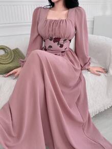 Feyla 女士优雅花卉印花拼布灯笼袖连衣裙 - 粉色 - 查看 2