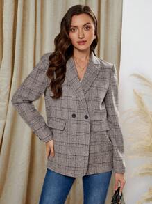 SHEIN Clasi Winter Elegant Women's Long Sleeved Flip Collar Retro Plaid Pattern Blazer - Multicolor - View 6