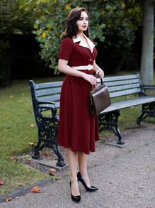 Vintamour Vestido elegante vintage de verano y otoño para mujer con cuello de color block, lazo y mangas cortas acampanadas. Atuendo de mujer para el Día de Acción de Gracias, ropa elegante de otoño, vestidos de mujer para el Día de San Valentín, atuendos de verano para mujer, vestidos elegantes para mujer