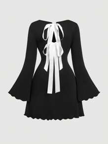 SHEIN MOD Plus Size Black Sweet Casual Backless White Butterfly Print Dress