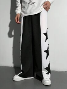 SHEIN Teen Boys 1 Piece Casual Versatile Fashion Street Style Clashing Color Plus Applique Seam Star Design Loose Wide Leg Long Sweatpants Back To School;Autumn Wear;Teen Boys Clothing;Teen Boy Jackets Autumn And Winter Clothing - Black and White - View 5