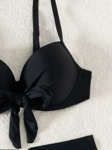 女士沙滩装：2 件套纯色聚拢钢圈优雅比基尼泳装，适合夏季海滩度假 - 黑色 - 查看 4