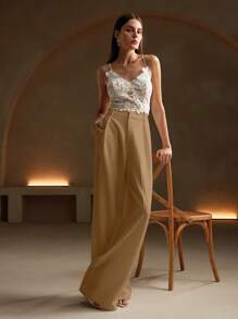 Anewsta 卡其色优雅现代时尚直筒高腰西装裤，度假/新年 - 薑色 - 查看 7