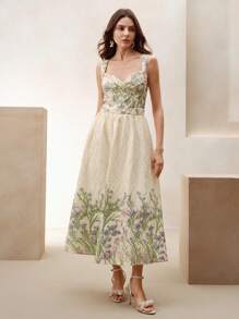 Anewsta Elegantes Maxikleid mit Jacquard Blume Muster, geeignet für Neujahr, Valentinstag, Urlaub, Sommerdates, Frühlings-/Sommeroutfits für Frauen