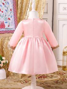 SHEIN Ramadanowa sukienka dla dziewczynki, niemowlęcia, malucha, 0-3 lat, klasyczna, elegancka, konserwatywna, pałacowa, w stylu kryształowym, satynowa, 3D, złota, koronkowa, dekolt w serek, długie rękawy