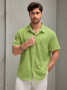 Manfinity Homme Plus Size Men's Solid Color Simple Casual Short Sleeve Shirt - Lime Green - View 4