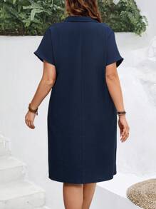 EMERY ROSE Damen Große Größen Sommer Kragen Boho gerades blaues Kurzarm Kleid