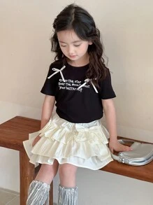 DAZY 2pcs Casual Short Sleeve Tee And Skirt Set, Simple And Fashionable Design For Daily Wear, Young Girls Summer Outfits - Black - View 4