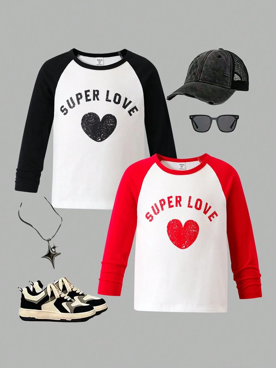 Young Boy White Color Block Long Sleeve T-Shirt With Heart Pattern,Fashionable For School,Autumn,Outing,Valentine's Day Matching,Spring Clothing - Multicolor - View 1