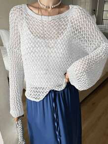 DAZY 女士圆领镂空毛衣，简约时尚，休闲日常穿着，秋季女装 - 白色 - 查看 4