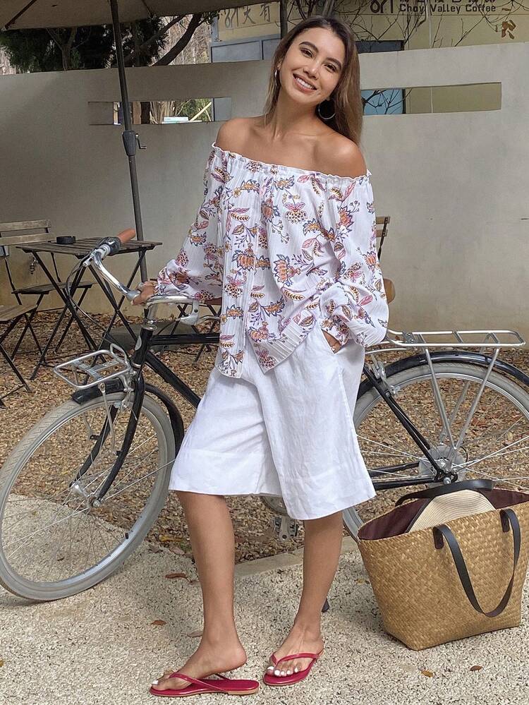 女性用ビーチホリデー植物柄カジュアル 襟なし 長袖ブラウス、春、オフショルダートップ ボヘミアン