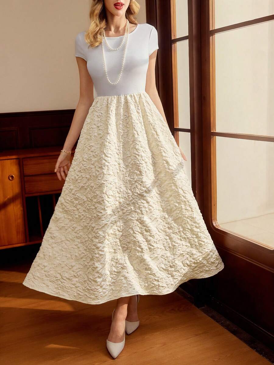 Vintamour 复古优雅女士编织拼布提花连衣裙，白色 A 字中长连衣裙，带口袋，春/夏情人节情人节生日女士连衣裙女士连衣裙优雅生日服装女士商务休闲女士服装女士连衣裙派对巡航服装太阳裙女士端庄连衣裙茶会服装复活节连衣裙女士情人节服装 - 白色 - 查看 1