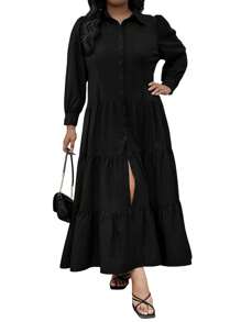 SHEIN Plus Size Ruffle Trim Button Front Shirt Dress Fall Cloth For Women - Black - View 2