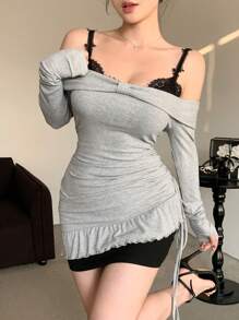 DAZY 2 件套女士灰色拼布细肩带露肩连衣裙，春夏，迷你连衣裙