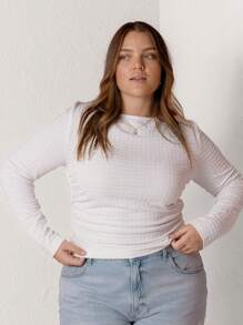 Aralina Plus Size Curve Women Backless Textured White Long Sleeve Top - Coffee Brown - View 6