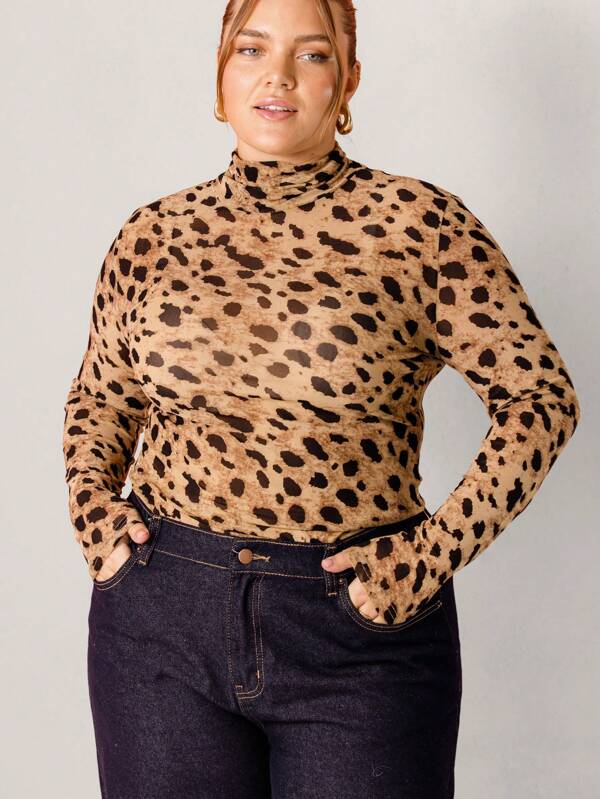 Aralina Curve Leopard Print High Neck Stretchy Mesh Top