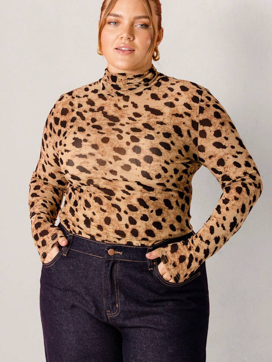 Aralina 曲线豹纹高领弹力网眼上衣 - 咖啡棕 - 查看 1