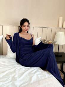 DAZY 女士纯色圆领吊带背心上衣、裤子和睡袍三件套睡衣套装，春季家居服，秋季服装，舒适保暖，冬季 - 藍色 - View 3