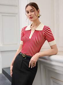 BizChic 女式条纹 Polo 领短袖毛衣，都市通勤商务休闲基本款上衣，秋冬优雅外套