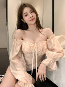 DAZY Áo kiểu nữ tay dài, ôm dáng, cổ khoét hở, thắt dây phía trước, thích hợp cho mùa thu, ngày Valentine. - Hồng - Xem 2