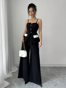 Rafferiza 2pcs Women's Resort Sexy Commuting Elegant Casual And Office Outfit Black And White Contrast Button Camisole And Wide Leg Pants Set